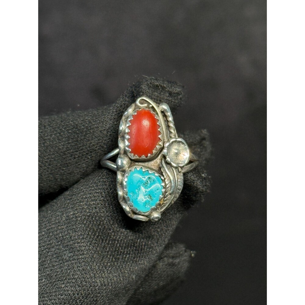 Navajo Sterling Silver Turquoise Coral Ring Size 5.25